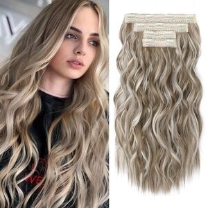Clip-In Hair Extensions 24” Beach Waves • Ash Brown + Platinum Highlights • 4PCS